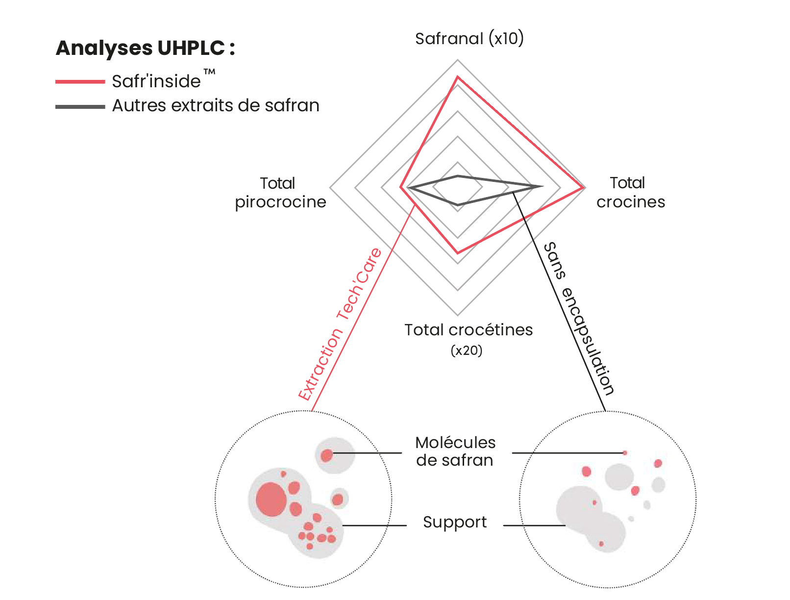 Radar comparatif de l’extrait Safr’inside de nos gummies safran (courbe rouge) versus autres extraits (courbe grise) pour quatre composés clés : safranal (x10), crocines, crocétines (x20) et picrocicine, suivi de deux schémas circulaires illustrant l’encapsulation Tech’Care qui concentre les molécules de safran dans la matrice des gummies stress safran délicure contre une dispersion aléatoire sans encapsulation.