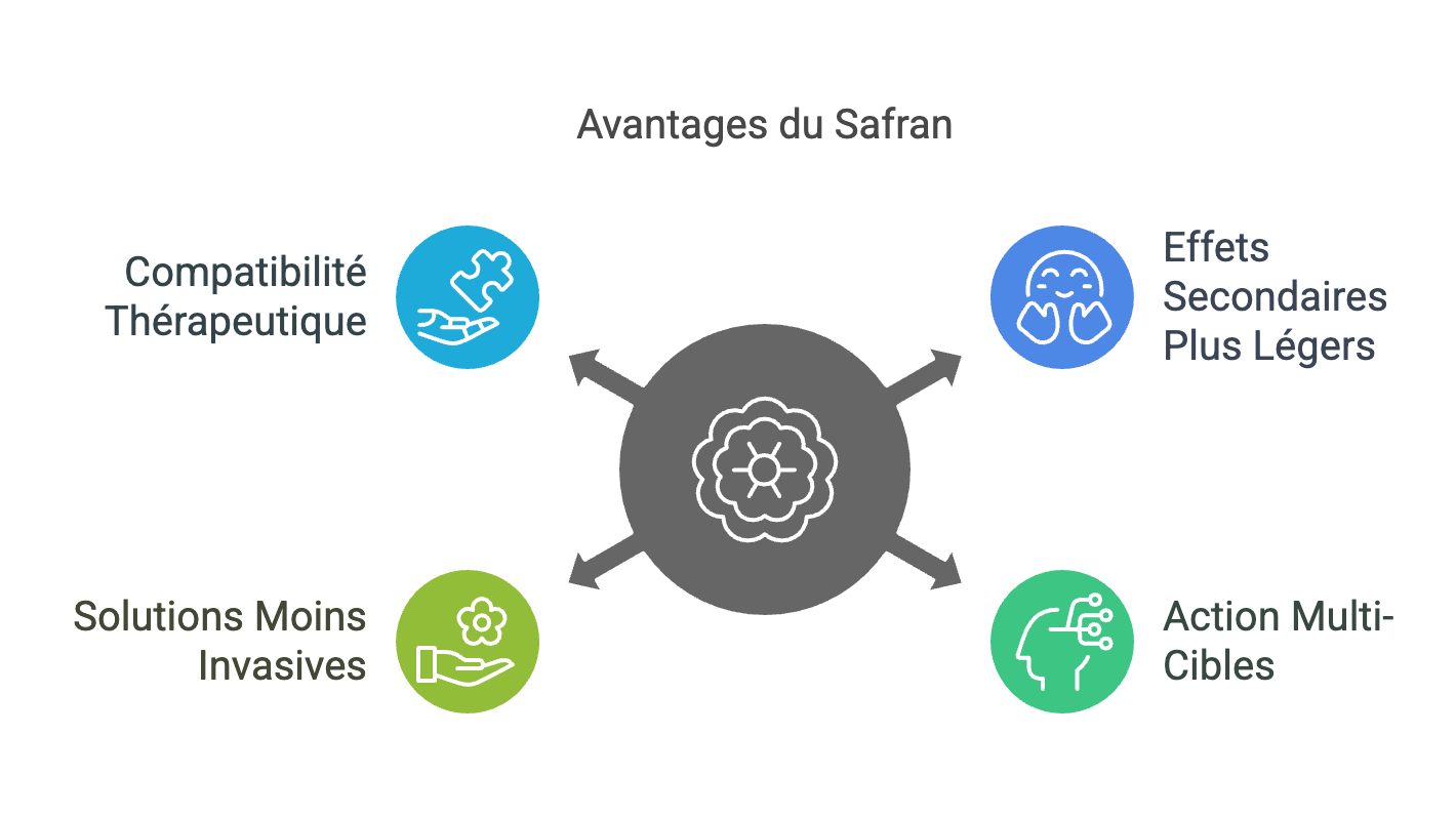Schéma “Avantages du safran” : compatibilité thérapeutique, effets secondaires plus légers, solutions moins invasives, action multi-cibles.