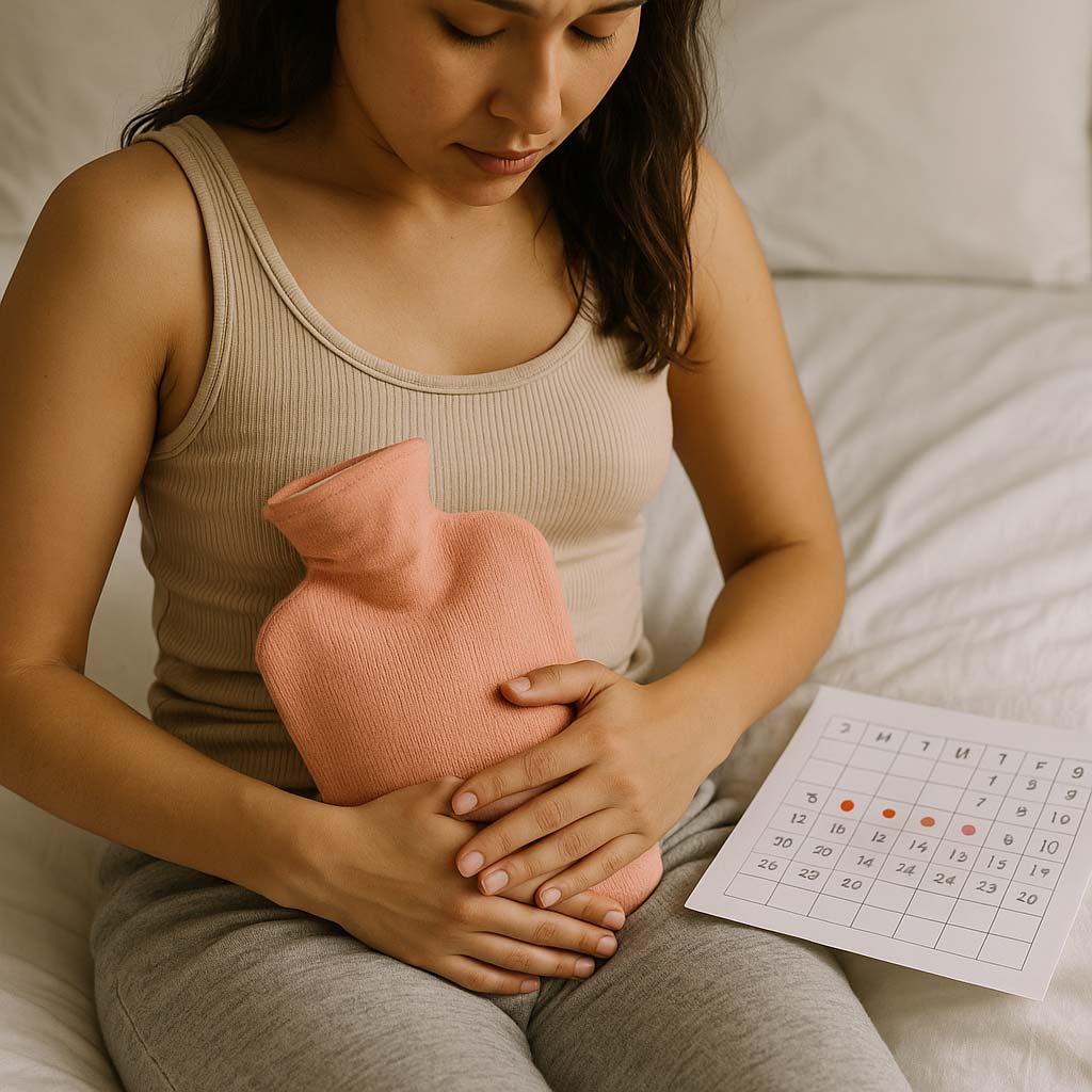 Femme souffrant de douleurs menstruelles posant une bouillotte chaude sur son ventre, assise sur son lit, avec un calendrier du cycle menstruel à côté d’elle.