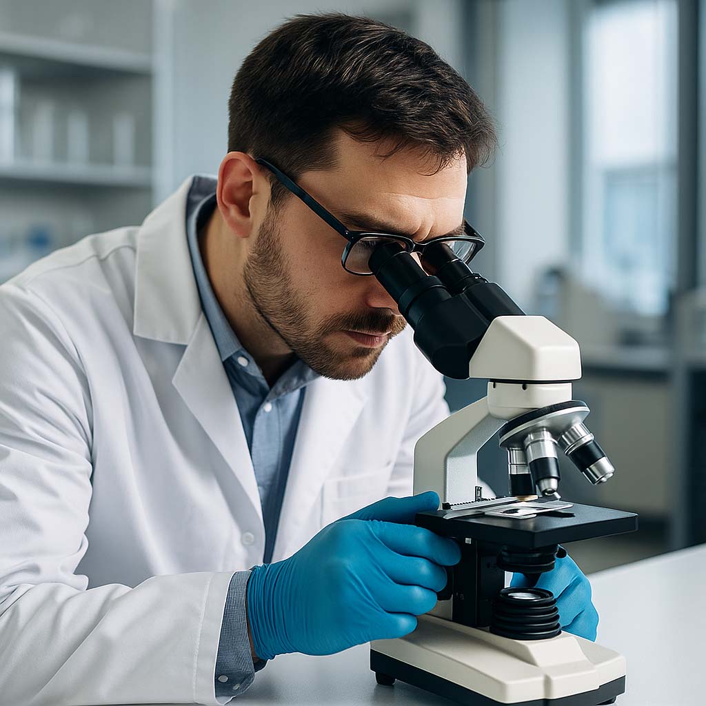 Chercheur en laboratoire observant un échantillon au microscope, illustrant la validation scientifique des bienfaits du CBD et de la mélatonine sur le sommeil, soutenus par des études cliniques montrant une réduction du temps d’endormissement et une amélioration de la qualité du sommeil.