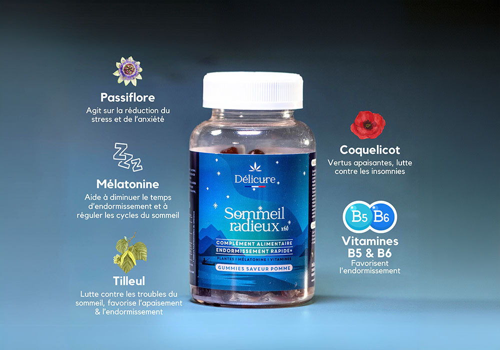 image mettant en avant la composition unique des gummies sommeil délicure riches en plantes, vitamines et mélatonine