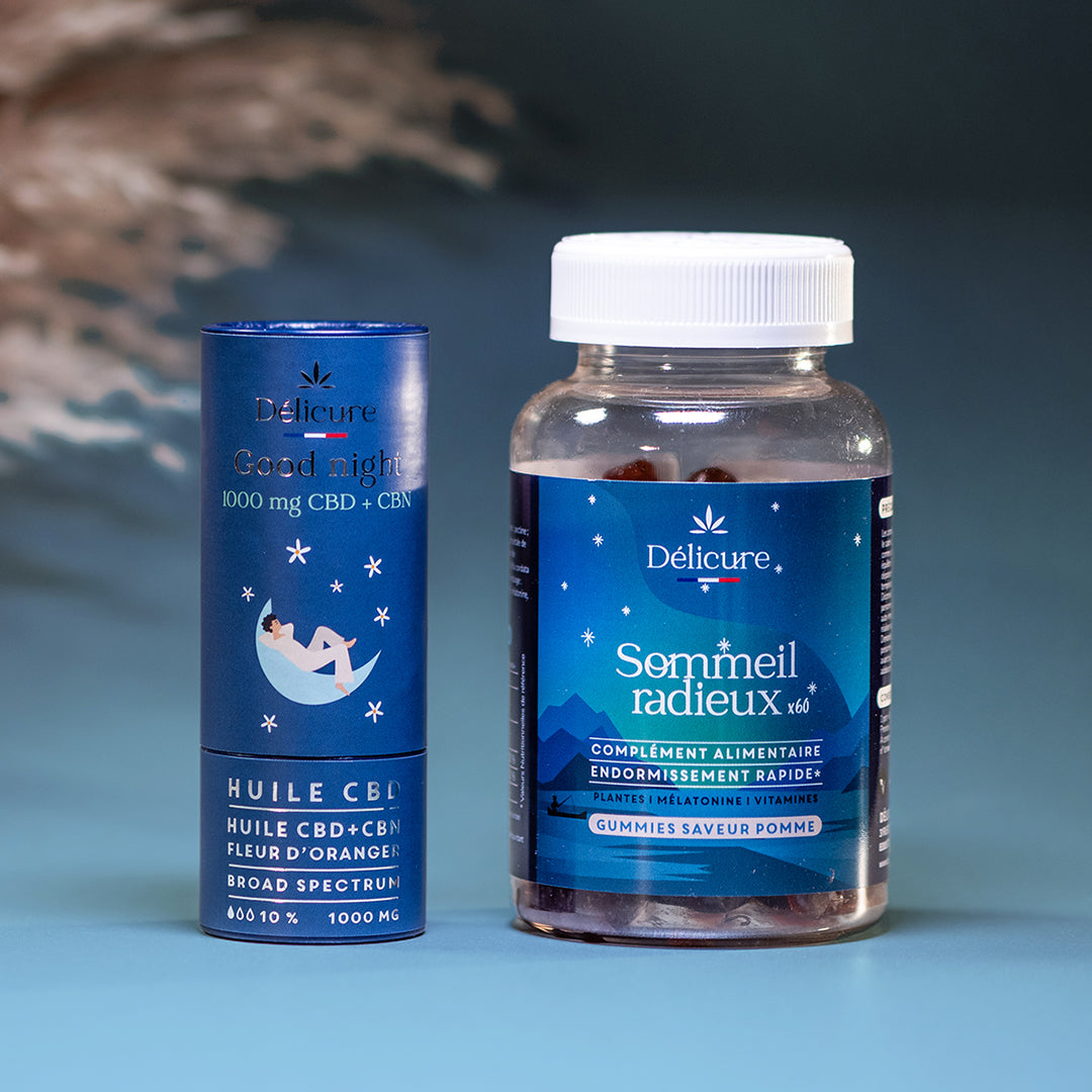 Pack Nuit Parfaite Délicure avec l’huile Good Night CBD + CBN à la fleur d’oranger et les gummies Sommeil Radieux à la mélatonine, une synergie naturelle pour favoriser l’endormissement rapide et un sommeil profond et réparateur.