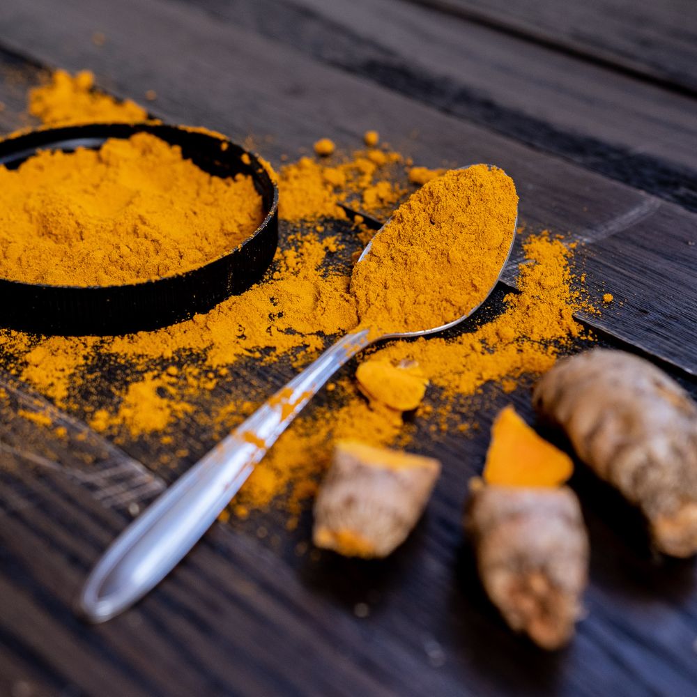 Racine fraîche de curcuma et poudre orangée riche en curcumine, idéale pour ses bienfaits anti-inflammatoires