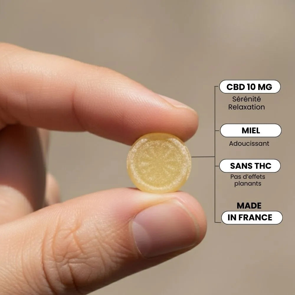 Pastille au CBD au miel tenue entre les doigts, 10 mg de CBD par bonbon, sans THC, fabriquée en France Délicure