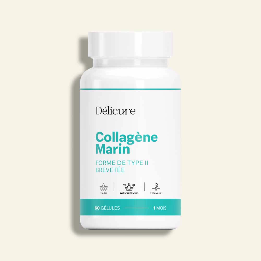 Flacon de Collagène Marin Délicure, forme de type II brevetée, 60 gélules pour 1 mois de cure, soutenant la fermeté de la peau, les articulations et la beauté des cheveux.
