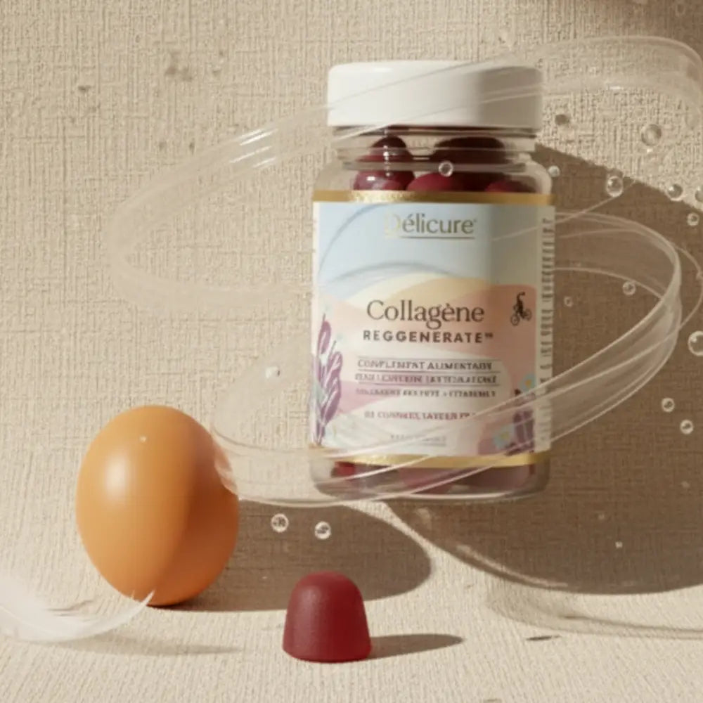 Flacon de Collagène Reggenerate™ Délicure avec gummies rouges, posé sur fond beige naturel aux côtés d’un œuf et d’une plume, entouré de filaments lumineux et de gouttelettes. Illustration du collagène végétarien issu de la membrane d’œuf, hautement biodisponible (85 %), sans sucres, au goût fraise, bénéfique pour la peau, les articulations et les cheveux.