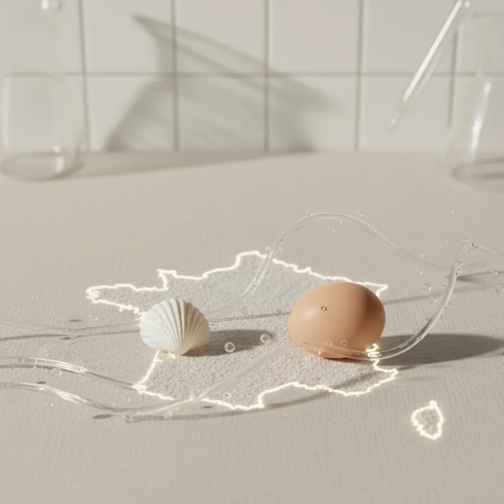 Œuf et coquillage posés sur une carte de France lumineuse, entourés de fils translucides et de gouttelettes symbolisant le collagène. Illustration de l’origine 100 % française des collagènes Délicure : Cartidyss® issu de la pêche bretonne et Reggenerate™ provenant d’œufs français, fabriqués à Toulon avec traçabilité, éthique et qualité contrôlée.