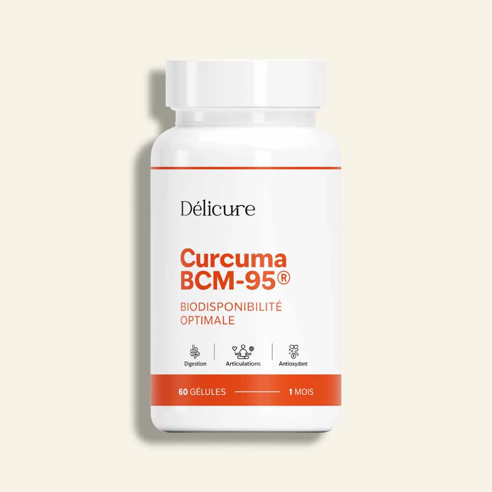 Bouteille blanche de Curcuma BCM-95 Délicure, extrait breveté à haute biodisponibilité, pour la digestion, les articulations et l’effet antioxydant.