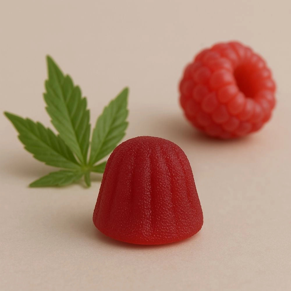 Un gummy CBD rouge posé devant une feuille de chanvre et une framboise, illustrant la saveur framboise et l’origine naturelle du CBD.