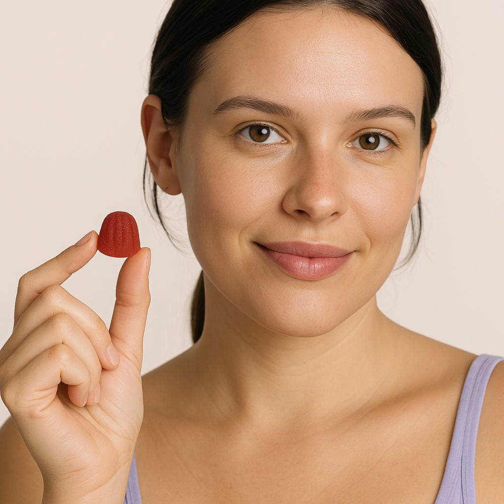 Femme brune regardant la caméra et présentant un gummy rouge au CBD, mettant en avant l’aspect ludique et facile à consommer.