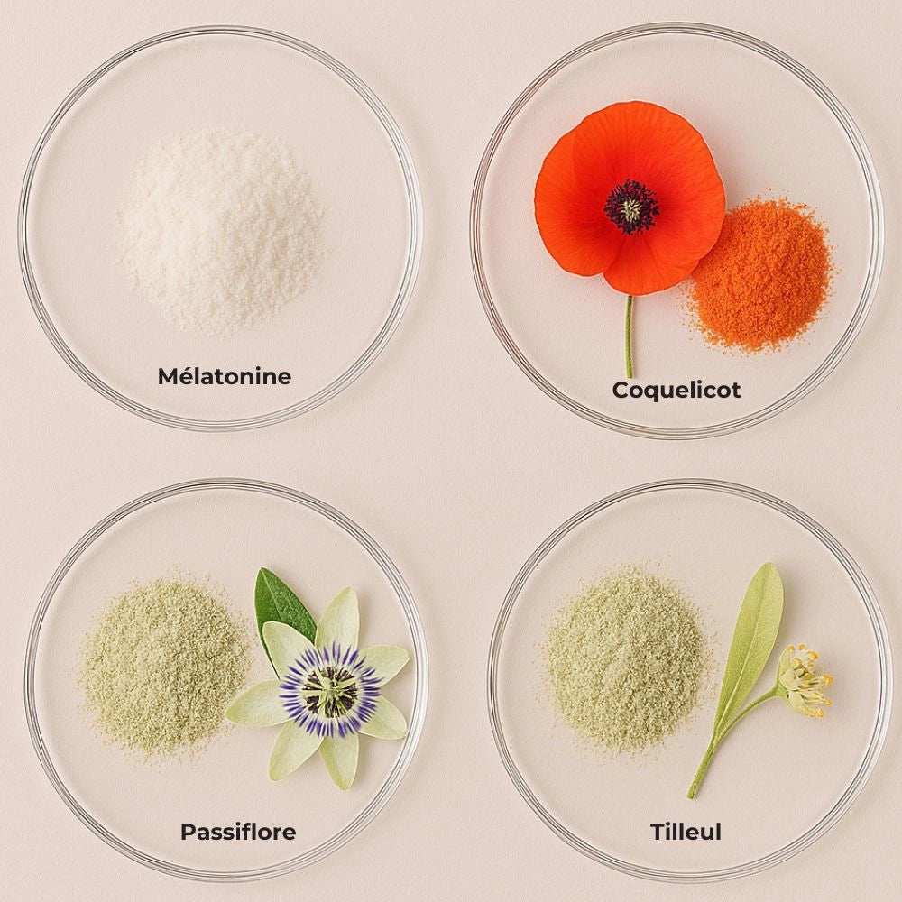 Coupelles avec plantes et mélatonine
Quatres coupelles transparentes contenant de la poudre de coquelicot, passiflore et tilleul, et une quatrième avec de la mélatonine, soulignant les ingrédients clés des gummies sommeil délicure