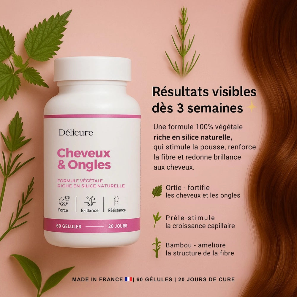 Visuel pot + plante + texte “Résultats visibles dès 3 semaines”
Complément alimentaire Délicure Cheveux & Ongles – formule 100 % végétale à base d’ortie, de prêle et de bambou, résultats visibles dès 3 semaines sur la pousse et la brillance des cheveux.