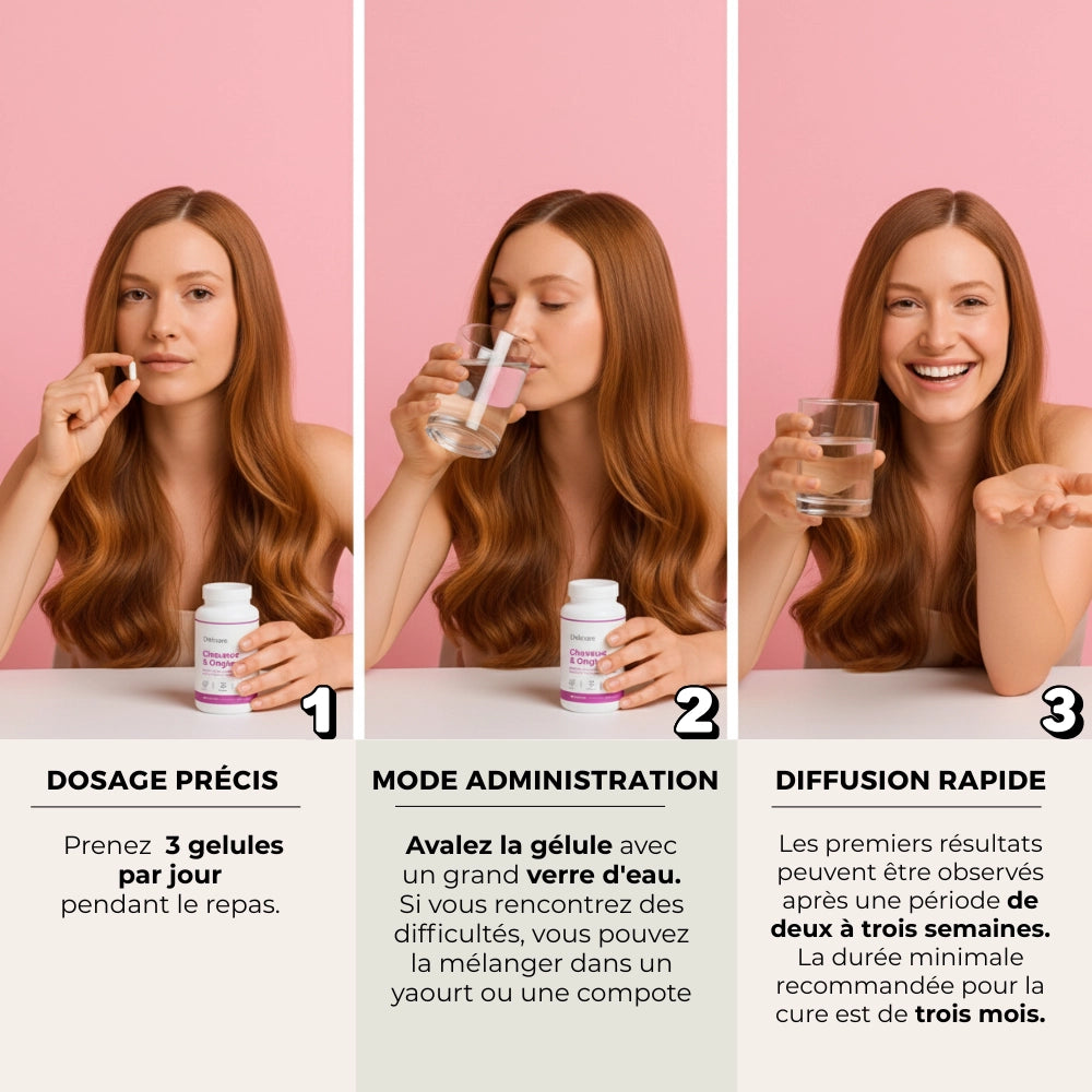 Visuel femme aux cheveux longs – 3 étapes (prise, eau, sourire)
Mode d’emploi des gélules Délicure Cheveux & Ongles : prendre 3 gélules par jour avec un grand verre d’eau – résultats visibles après 2 à 3 semaines de cure.