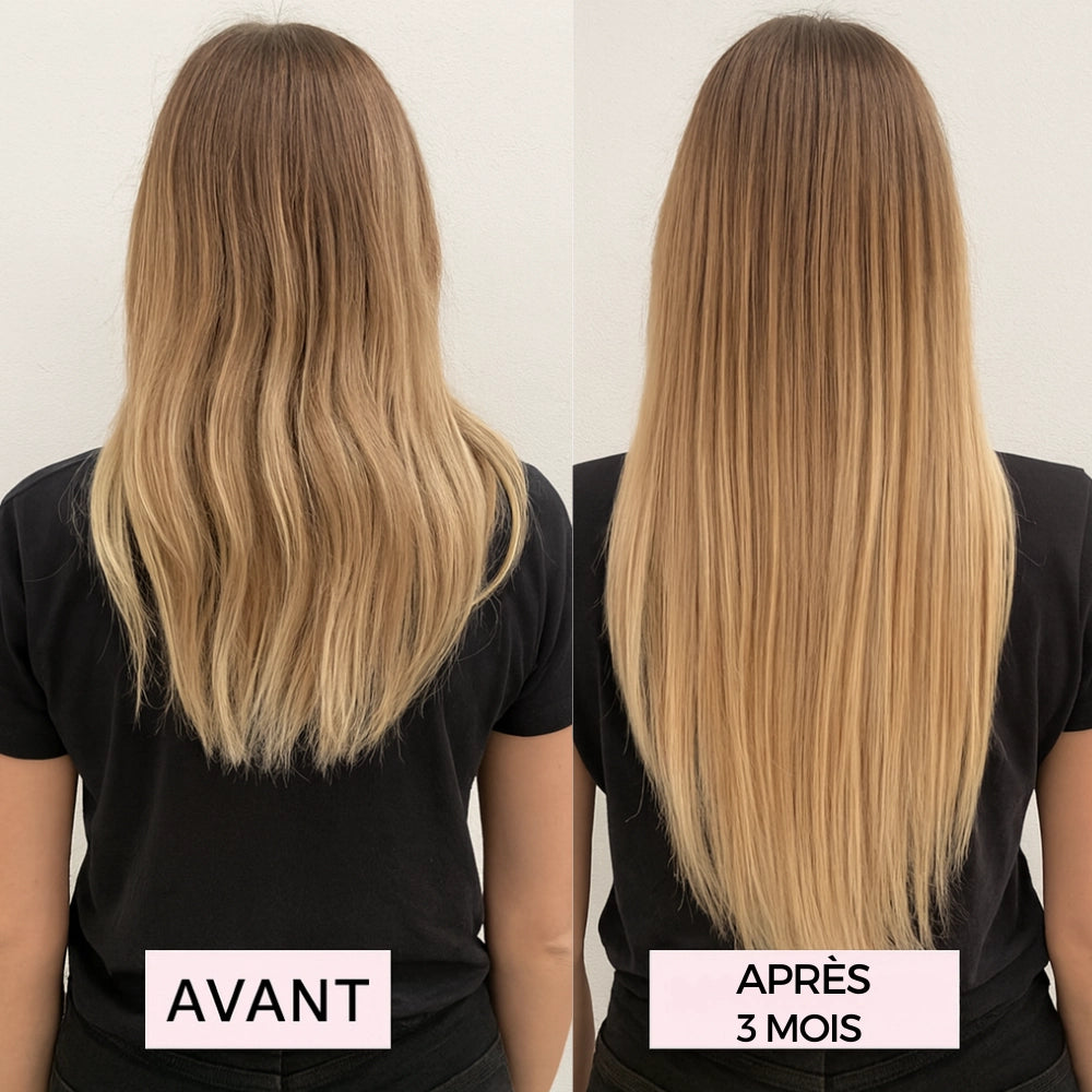 Visuel avant/après cheveux (blonde)
Résultats après 3 mois de cure Délicure Cheveux & Ongles : cheveux plus longs, denses et brillants.