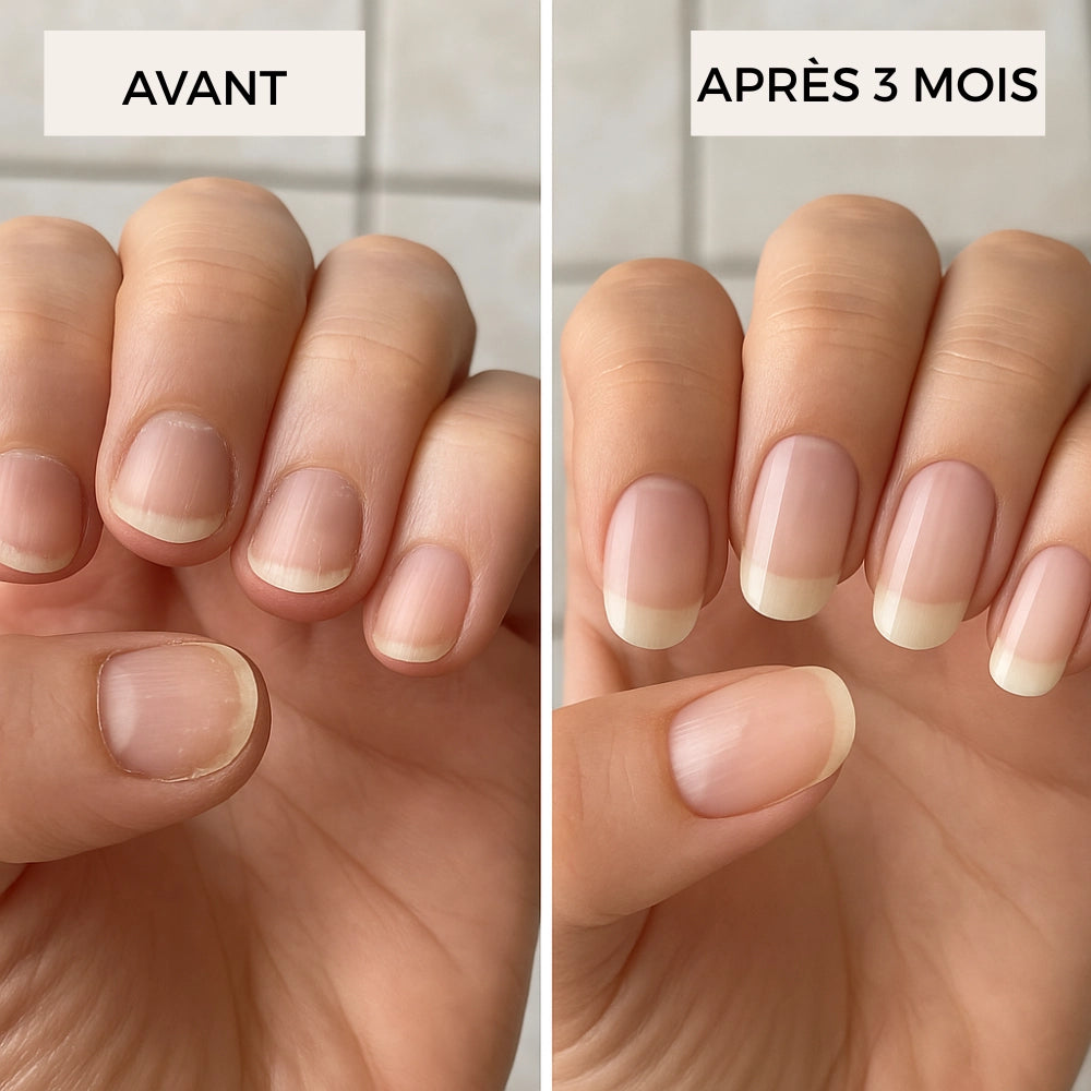 Visuel avant/après ongles
Résultats après 3 mois de cure Délicure Cheveux & Ongles : ongles plus longs, forts et résistants.