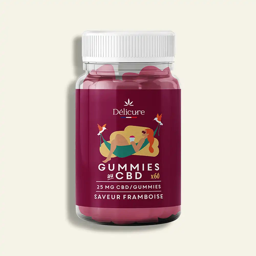 Bouteille de gummies au CBD Délicure (25 mg/gummy), saveur framboise, illustrée par un visuel de détente sur l’étiquette.