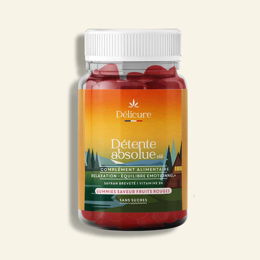 Pot de gummies anti-stress Safran + B6 “Détente Absolue” de Délicure, packaging aux tons orange et rouge, complément alimentaire fabriqué en France pour la relaxation.
