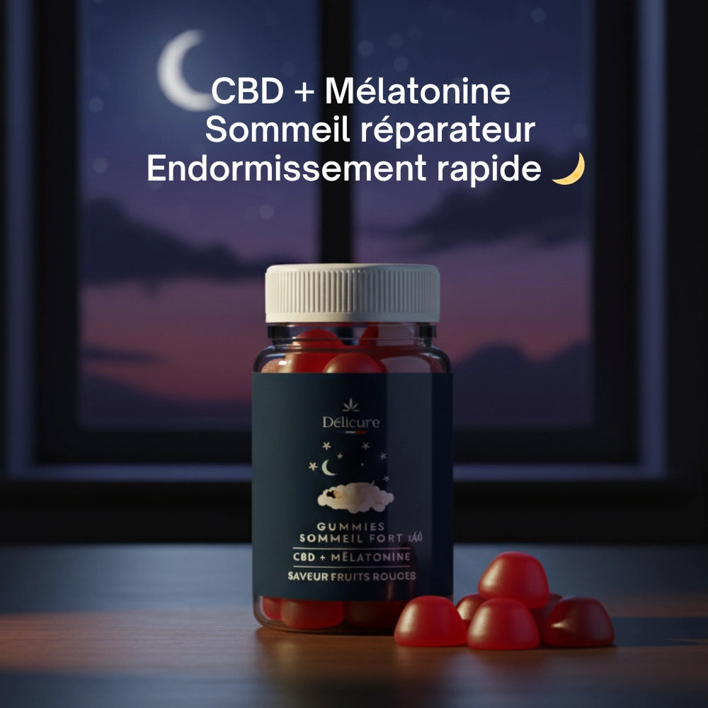 Pot de gummies sur fond nuit / fenêtre lune
Pot de gummies CBD Sommeil Fort Délicure, saveur fruits rouges, formule CBD + mélatonine pour un sommeil réparateur et un endormissement rapide.