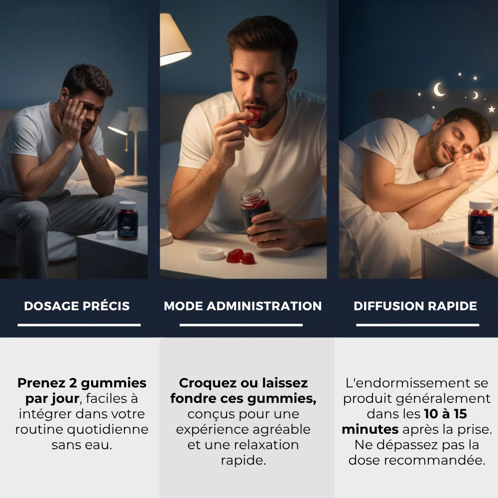 Homme avant / pendant / après prise du produit
Routine du coucher avec les gummies CBD Sommeil Fort Délicure : prise facile, relaxation rapide et endormissement naturel.