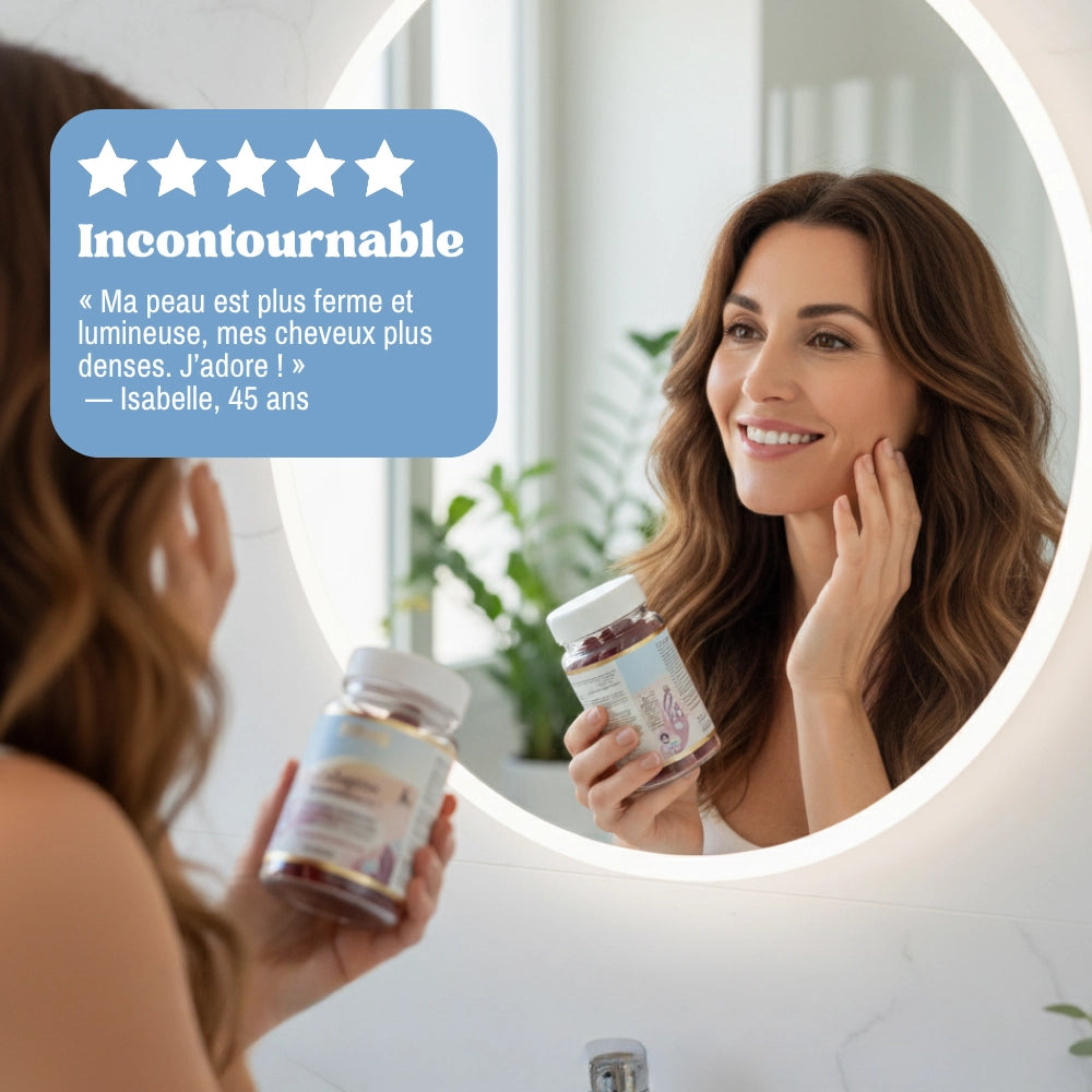 Visuel témoignage femme miroir
Avis client Délicure : peau plus ferme et lumineuse, cheveux plus denses après la cure Collagène Reggenerate – témoignage d’Isabelle, 45 ans.