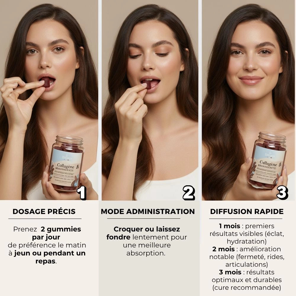 Visuel avec les deux femmes tenant le pot et les étapes de prise
Conseils d’utilisation des gummies Collagène Délicure : 2 gummies par jour, à croquer ou laisser fondre, pour une diffusion rapide et une absorption optimale.