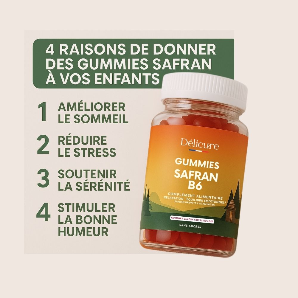 Visuel produit Délicure « Gummies Safran B6 » avec encart “4 raisons” (sommeil, stress, sérénité, bonne humeur).