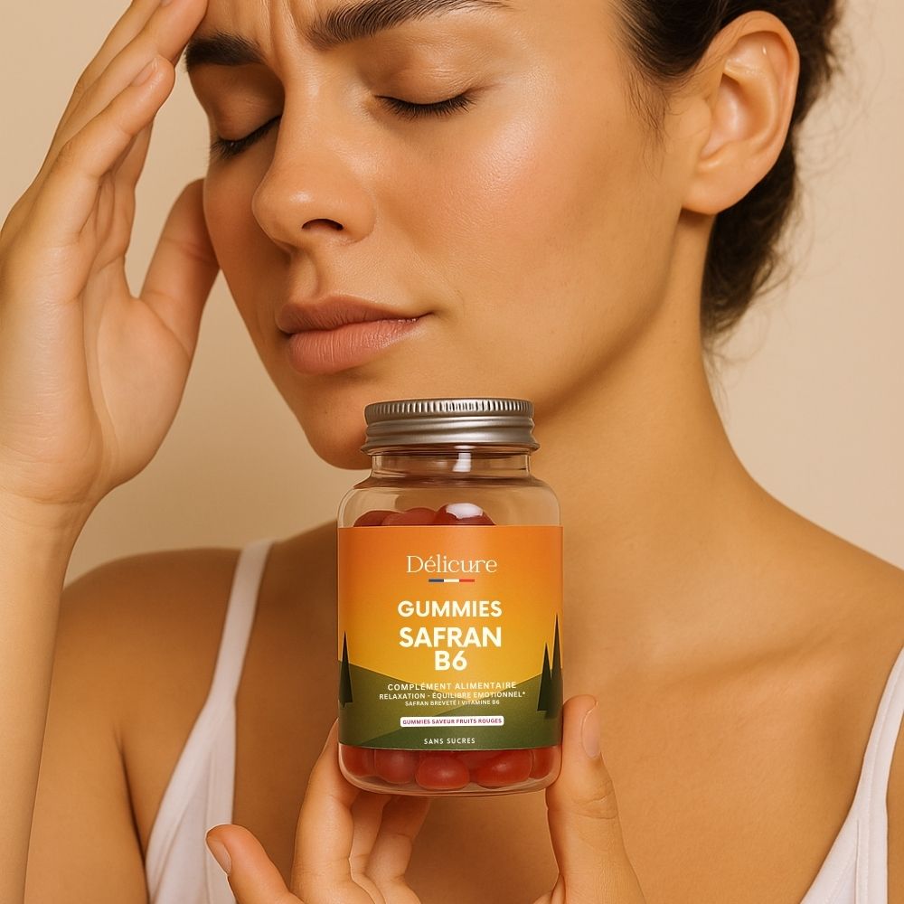 Femme se masse la tempe avec pot de Gummies Safran B6 au premier plan — contexte mécanismes d’action du safran (attention, émotions).