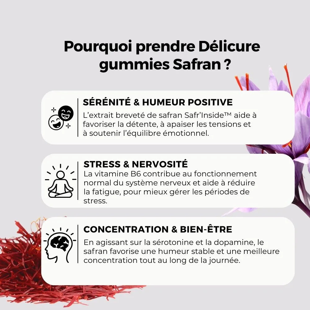 Bienfaits Délicure gummies stress au safran : sérénité et humeur positive, réduction du stress et de la nervosité, amélioration de la concentration et du bien-être.