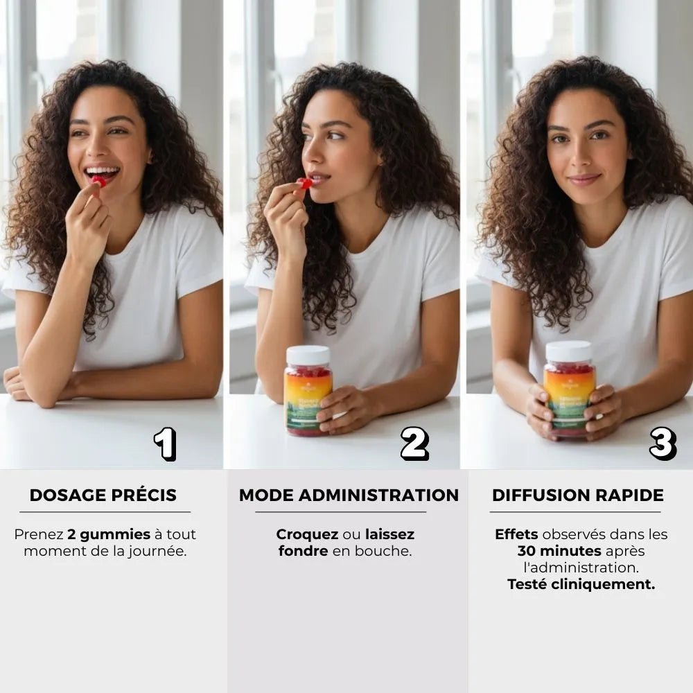 Mode d’emploi Délicure gummies stress au safran : 2 gummies par jour, à croquer ou laisser fondre, effets observés dès 30 minutes, testé cliniquement