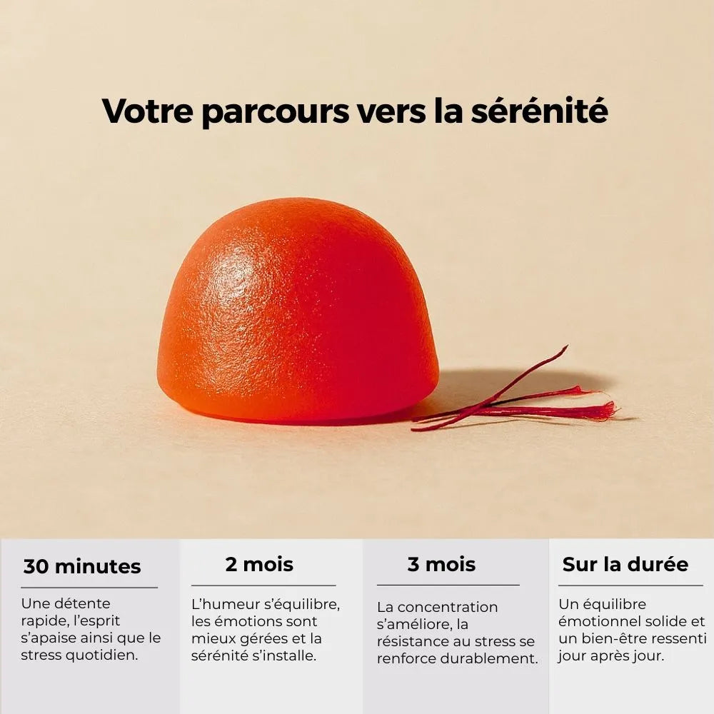 Délicure gummies stress au safran – détente ressentie en 30 minutes, humeur équilibrée en 2 mois, concentration renforcée en 3 mois, bien-être durable