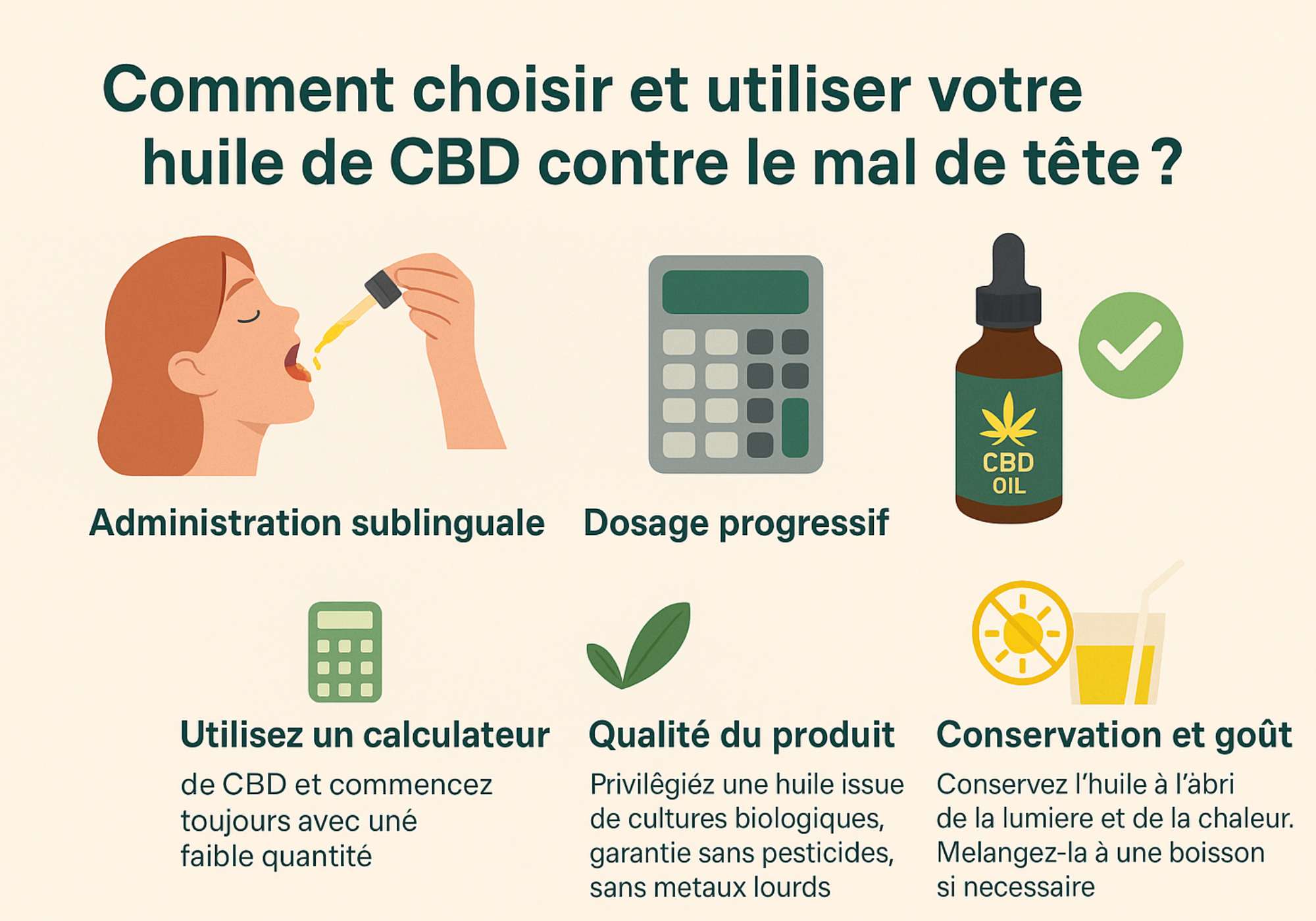 Infographie présentant comment utiliser l’huile de CBD contre les maux de tête : administration sublinguale, dosage progressif, qualité et conservation du produit.