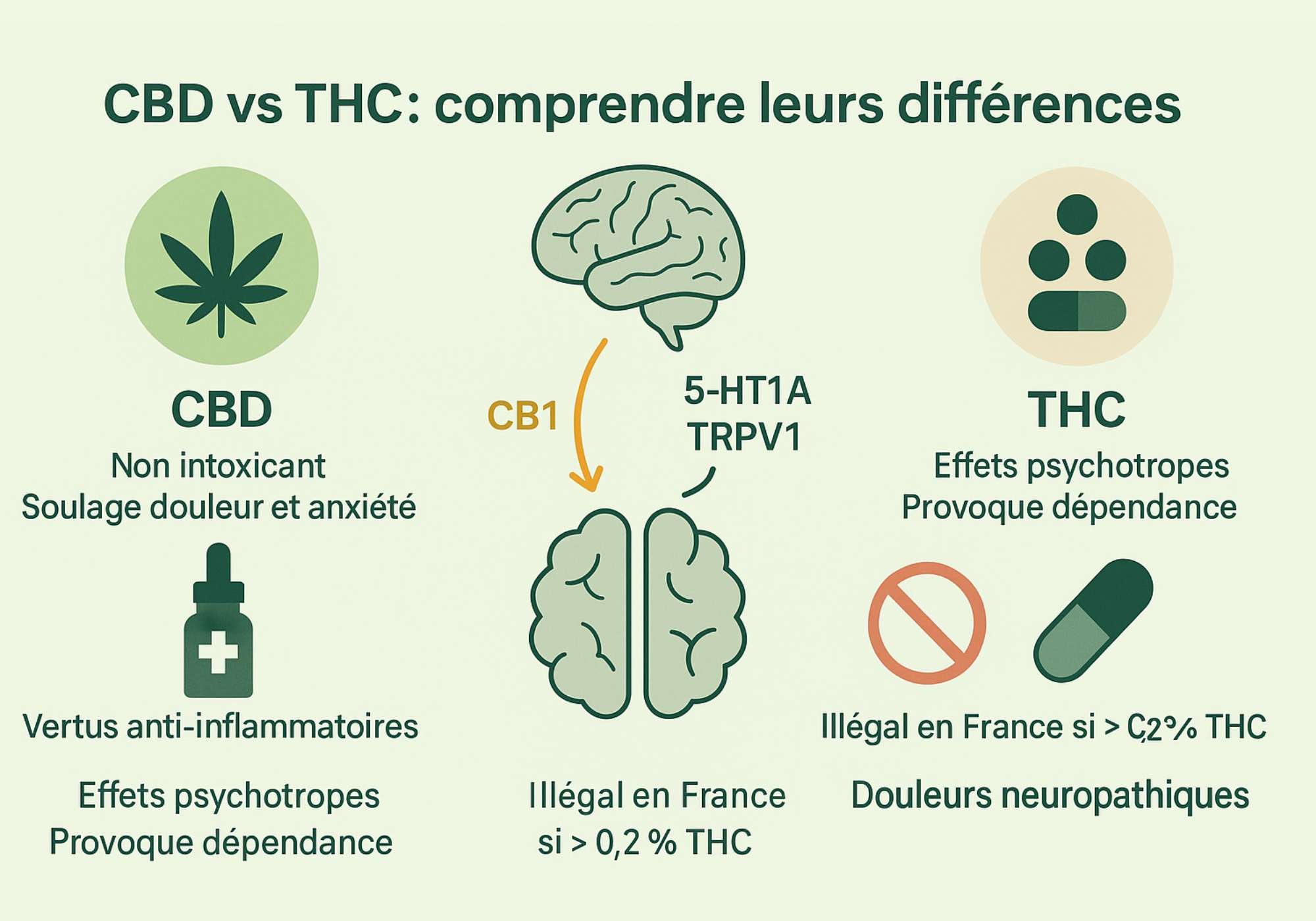 Infographie comparative en français CBD vs THC : effets, légalité, tolérance, et différence d’action sur les récepteurs du cerveau.