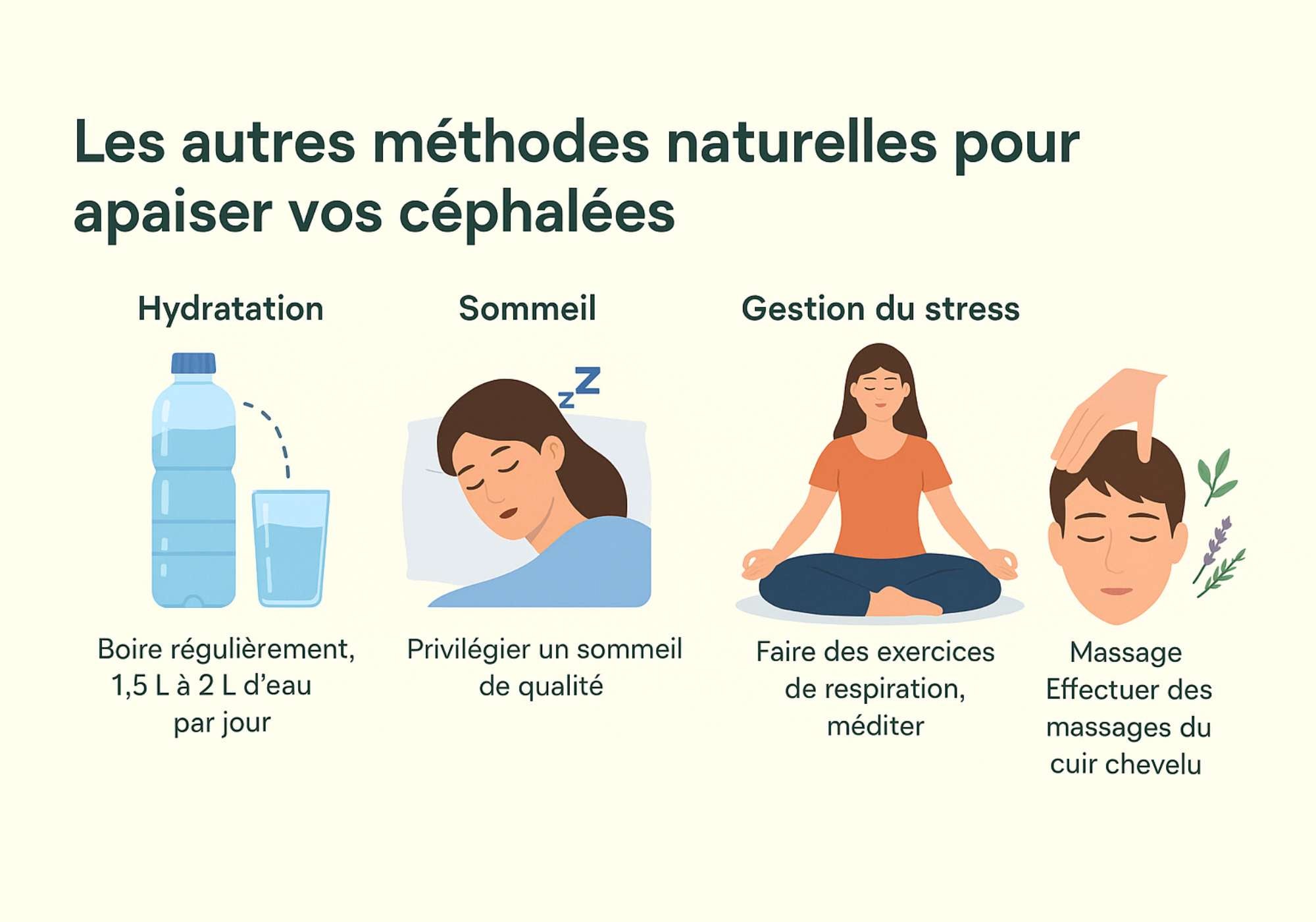 Infographie illustrant des méthodes naturelles pour apaiser les céphalées : hydratation, sommeil, gestion du stress et massage du cuir chevelu.