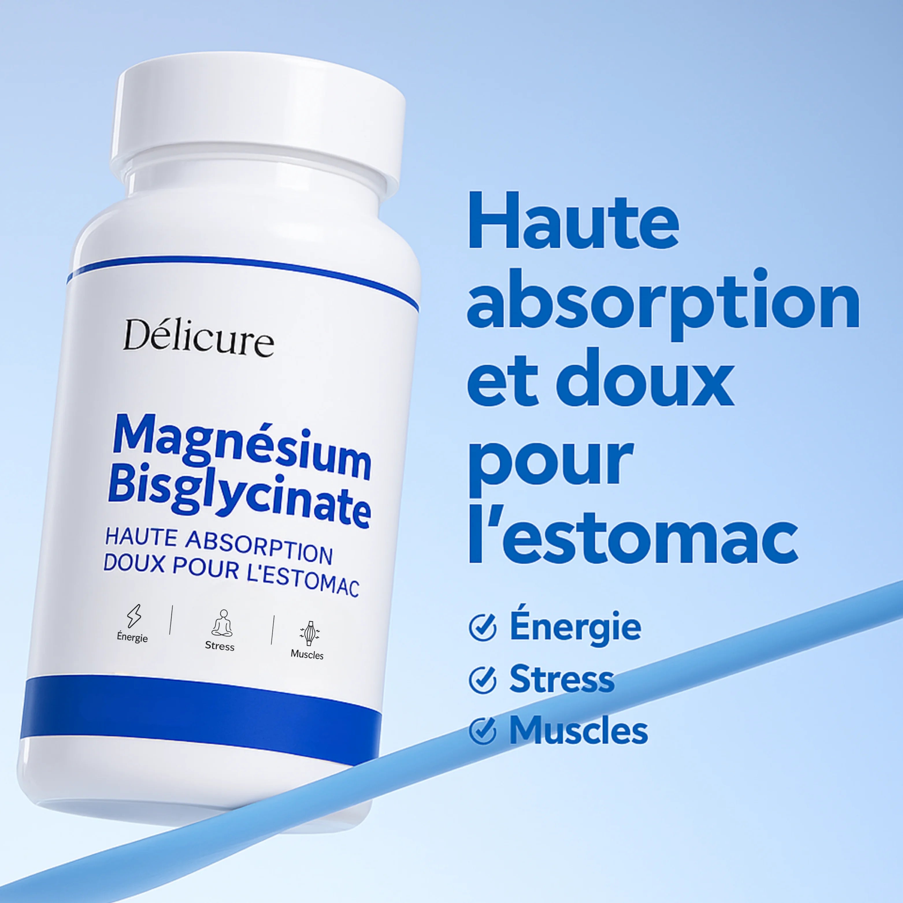 Pot de Magnésium Bisglycinate Délicure – complément alimentaire haute absorption, doux pour l’estomac, soutien énergie, stress et muscles
