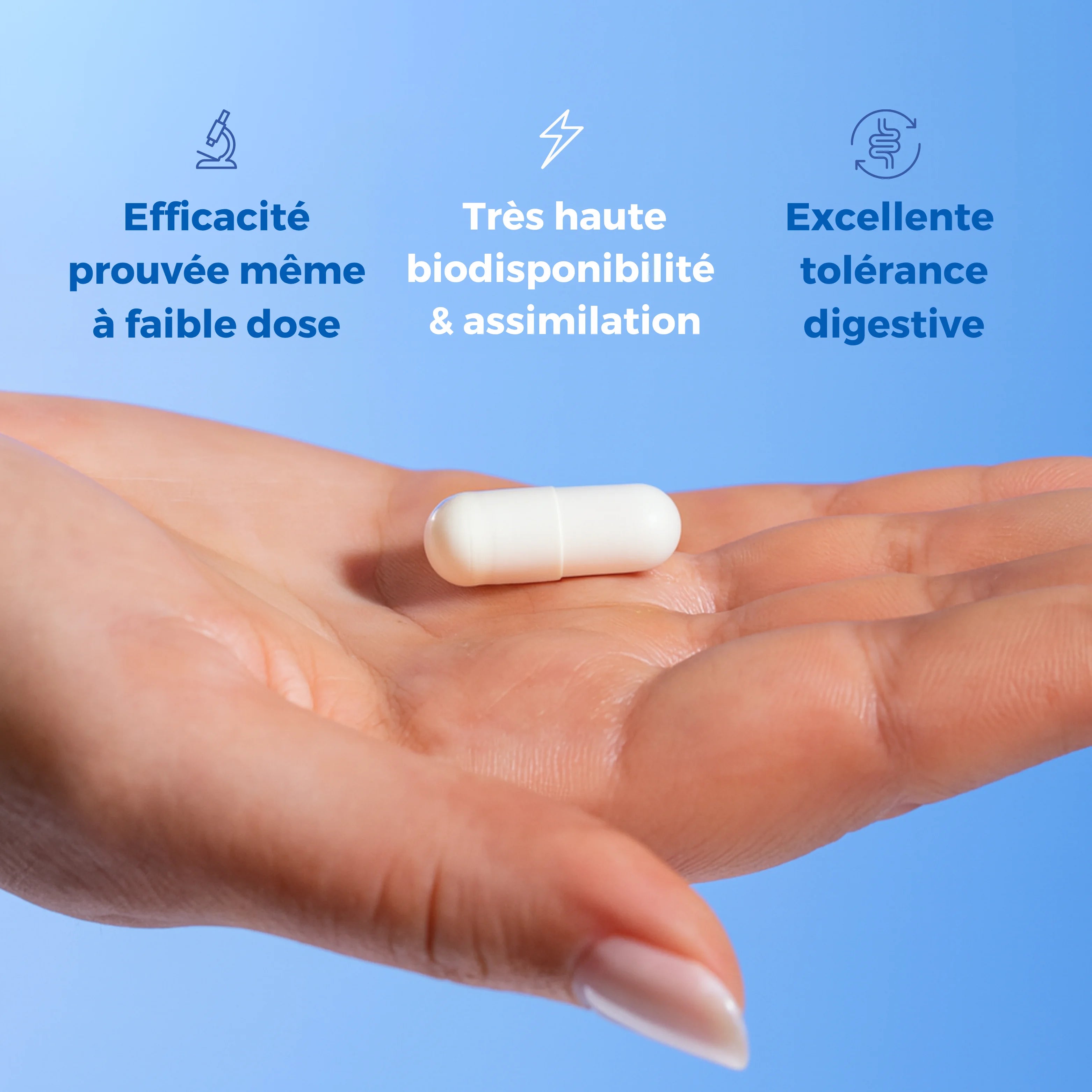 Gélule de Magnésium Bisglycinate Délicure posée sur une main – excellente tolérance digestive, très haute biodisponibilité et efficacité prouvée