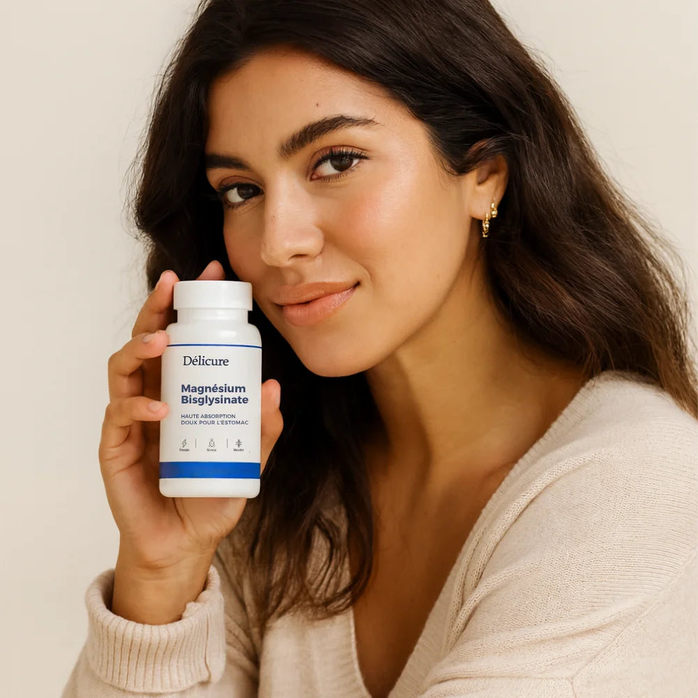 Femme souriante tenant un flacon de Magnésium Bisglycinate Délicure – complément alimentaire 60 gélules, haute absorption, doux pour l’estomac, idéal contre le stress, la fatigue et pour les muscles.