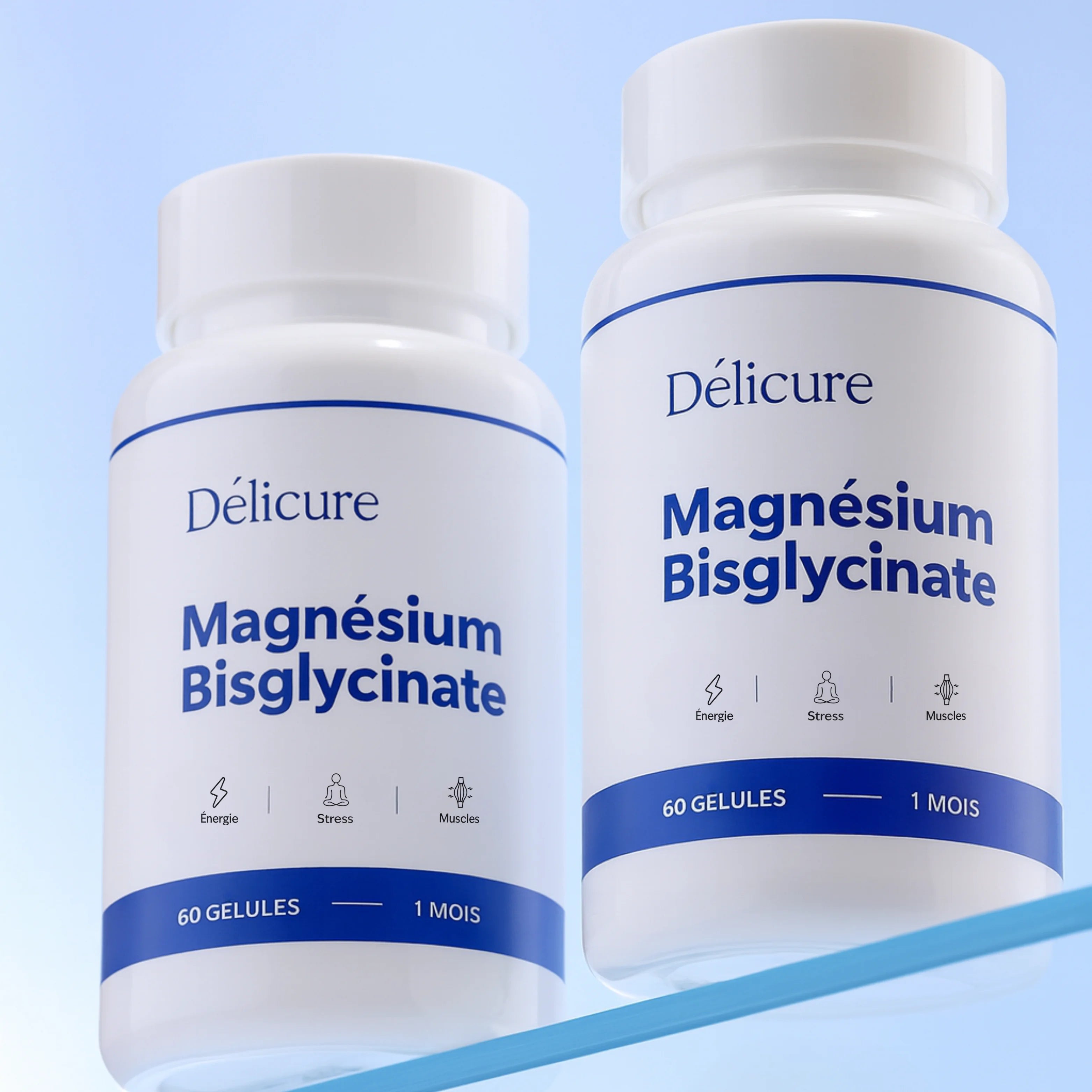 Deux pots de Magnésium Bisglycinate Délicure – cure de 60 gélules pour 1 mois, complément alimentaire énergie, stress et muscles