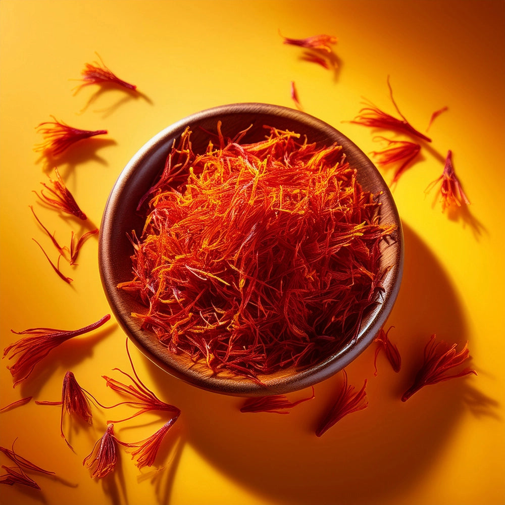 bol en terre cuite contenant des pistils de safran sur fond jaune orange