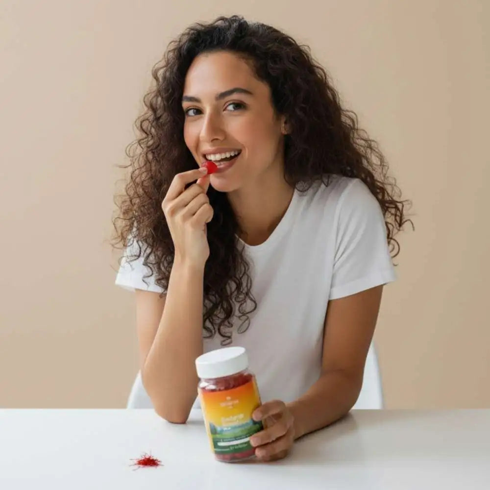 Femme souriante dégustant un gummy stress au safran Délicure, pot de gummies safran B6 sans sucres sur la table, détente et bien-être naturels