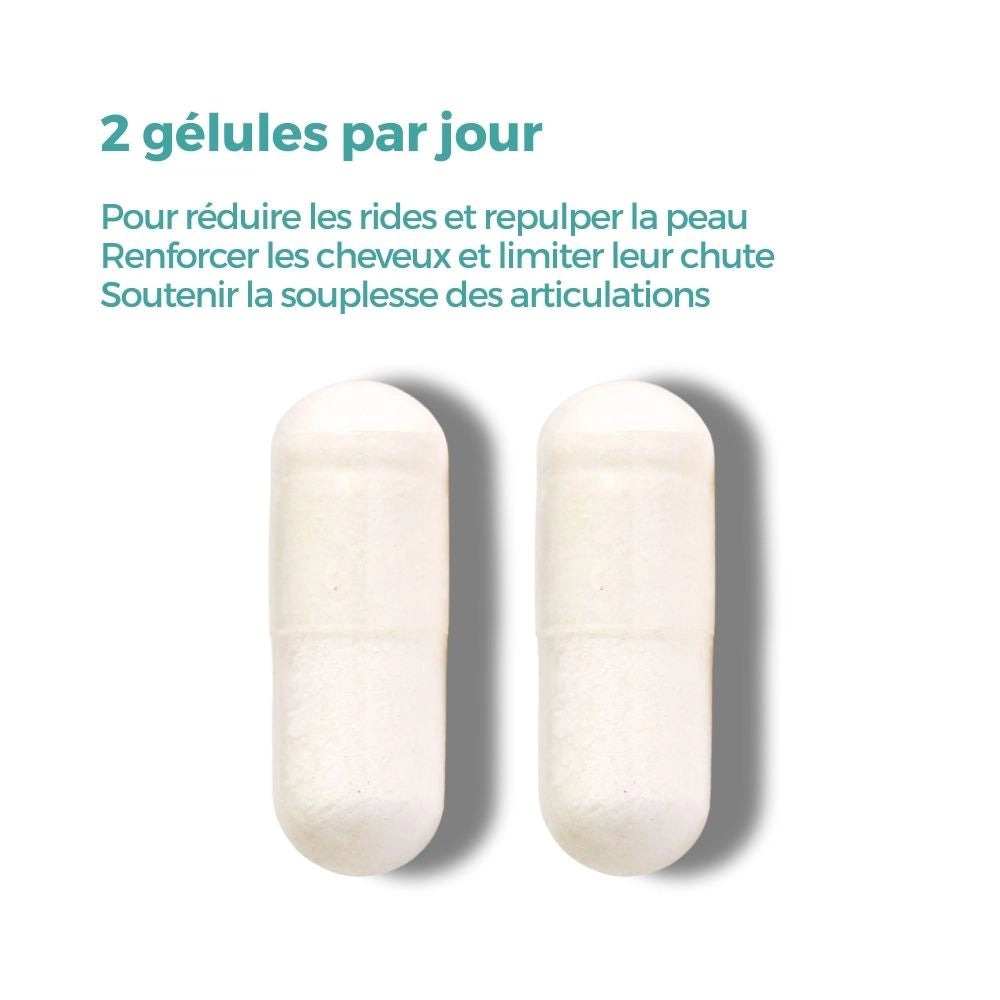 Deux gélules de Collagène Marin à prendre chaque jour, pour réduire les rides, aider au renouvellement de la peau et renforcer les articulations.