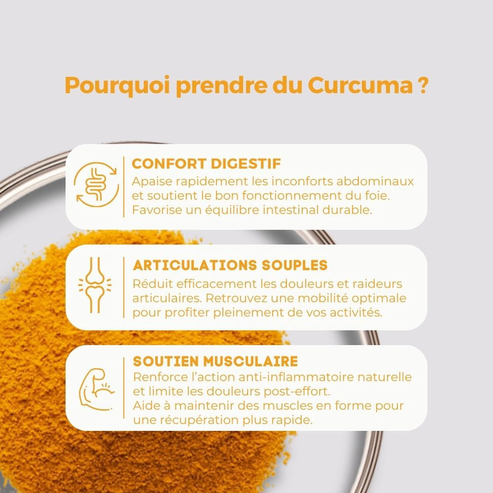 Visuel présentant les bienfaits du Curcuma BCM-95 sur le confort digestif, la souplesse articulaire et le soutien musculaire, grâce à ses propriétés anti-inflammatoires.