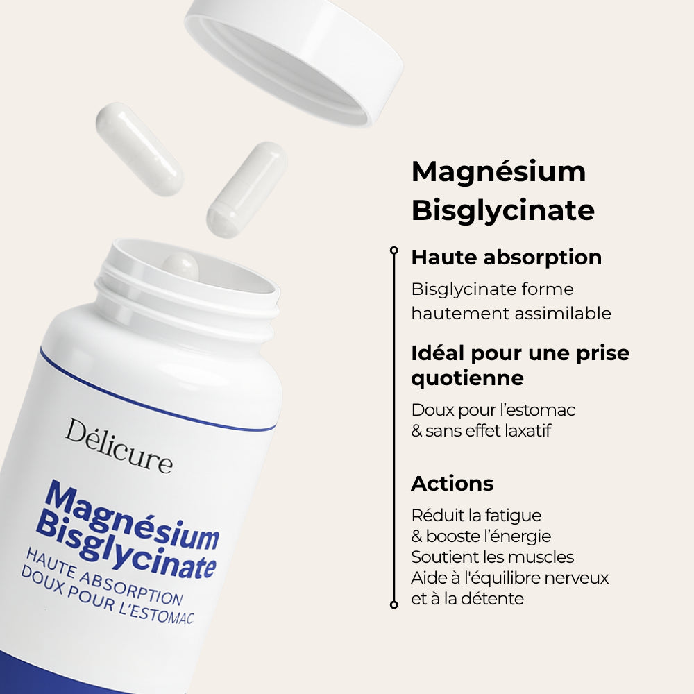 Pot de Magnésium Bisglycinate Délicure – haute absorption, doux pour l’estomac, sans effet laxatif, idéal pour une prise quotidienne.