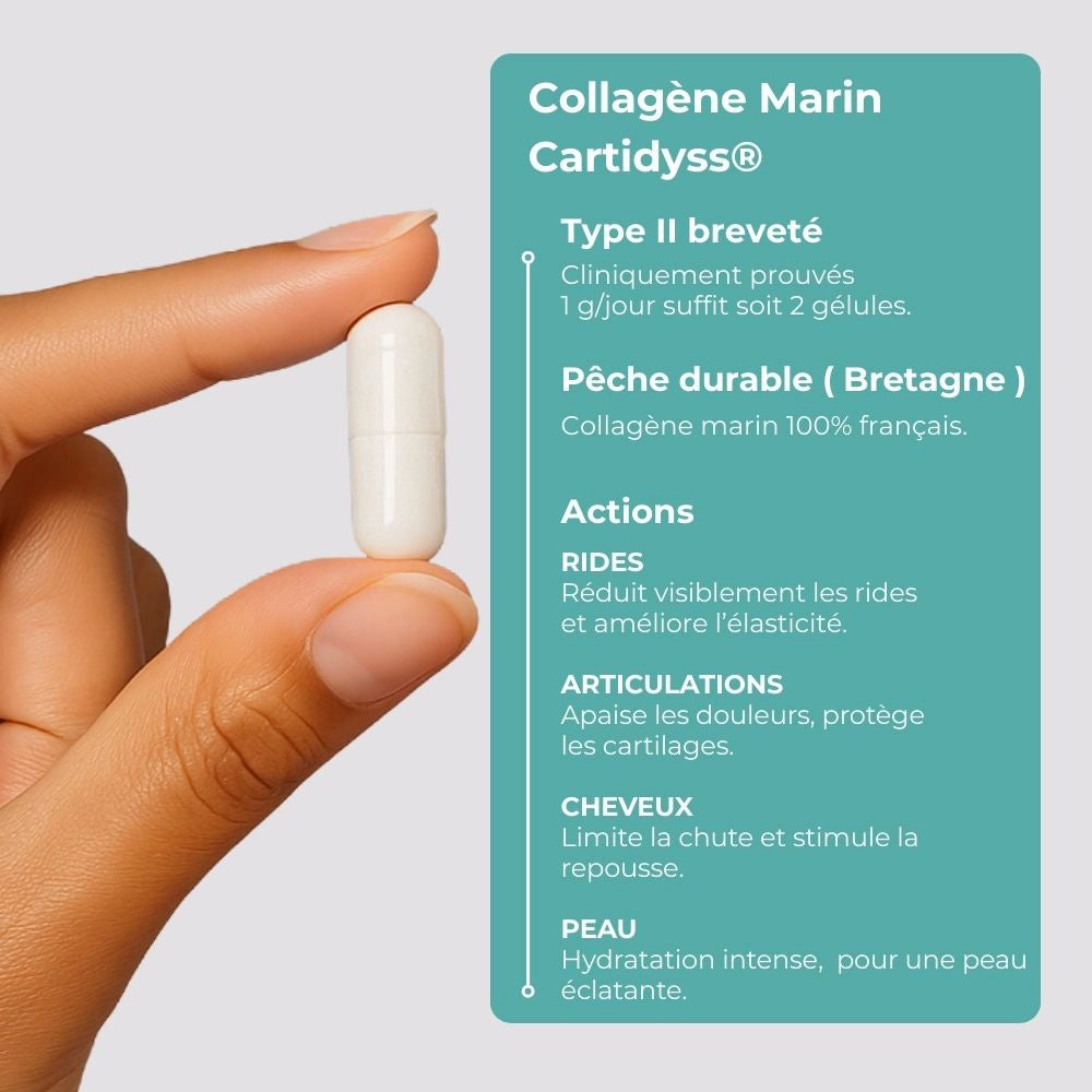 Mise en avant du Collagène Marin Cartidyss®, type II breveté issu de pêche durable en Bretagne, reconnu pour ses bénéfices sur la peau, les articulations et les cheveux.