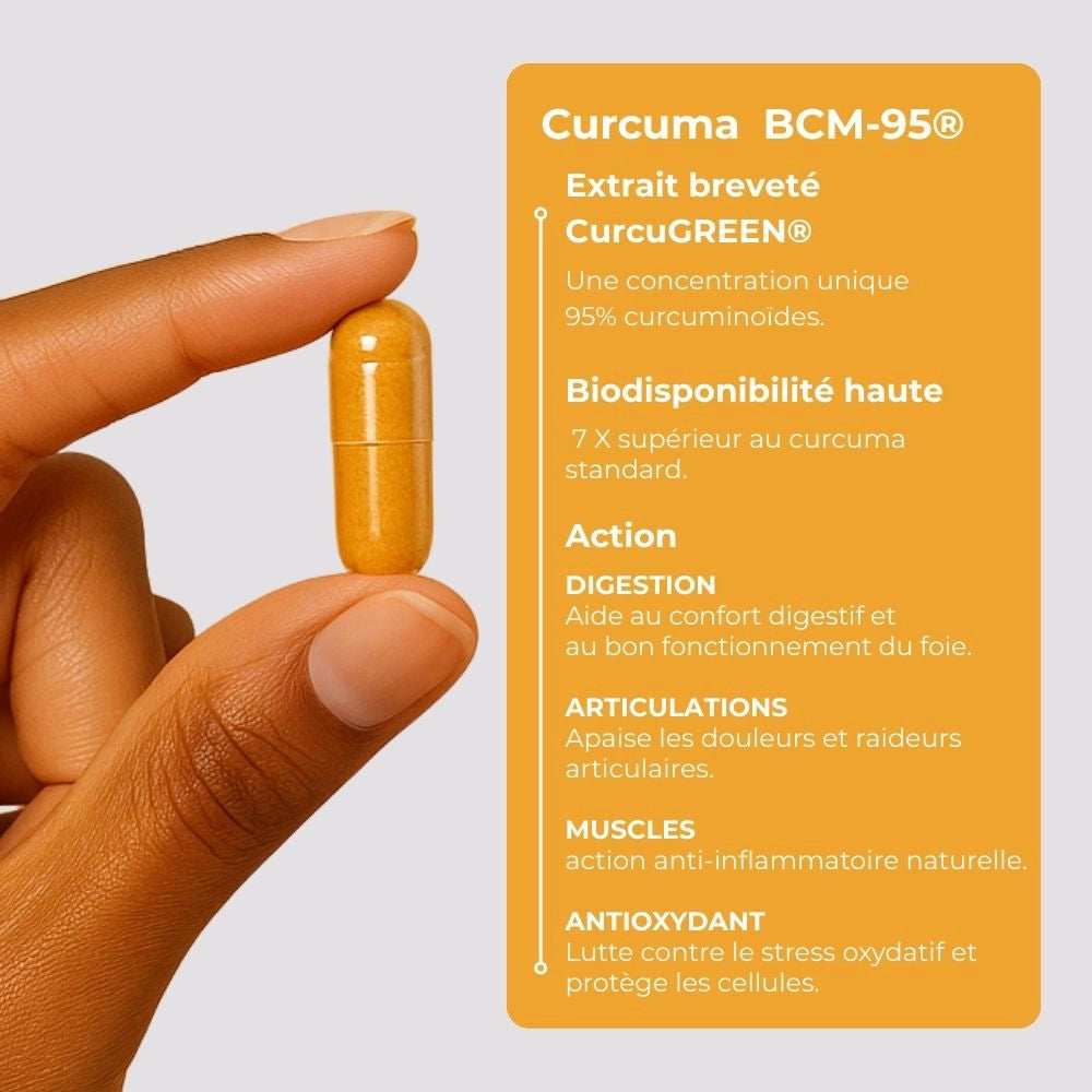 Main féminine tenant une gélule de Curcuma BCM-95 à biodisponibilité élevée, mettant en avant l’extrait breveté Curcugreen et ses actions sur la digestion et les articulations.