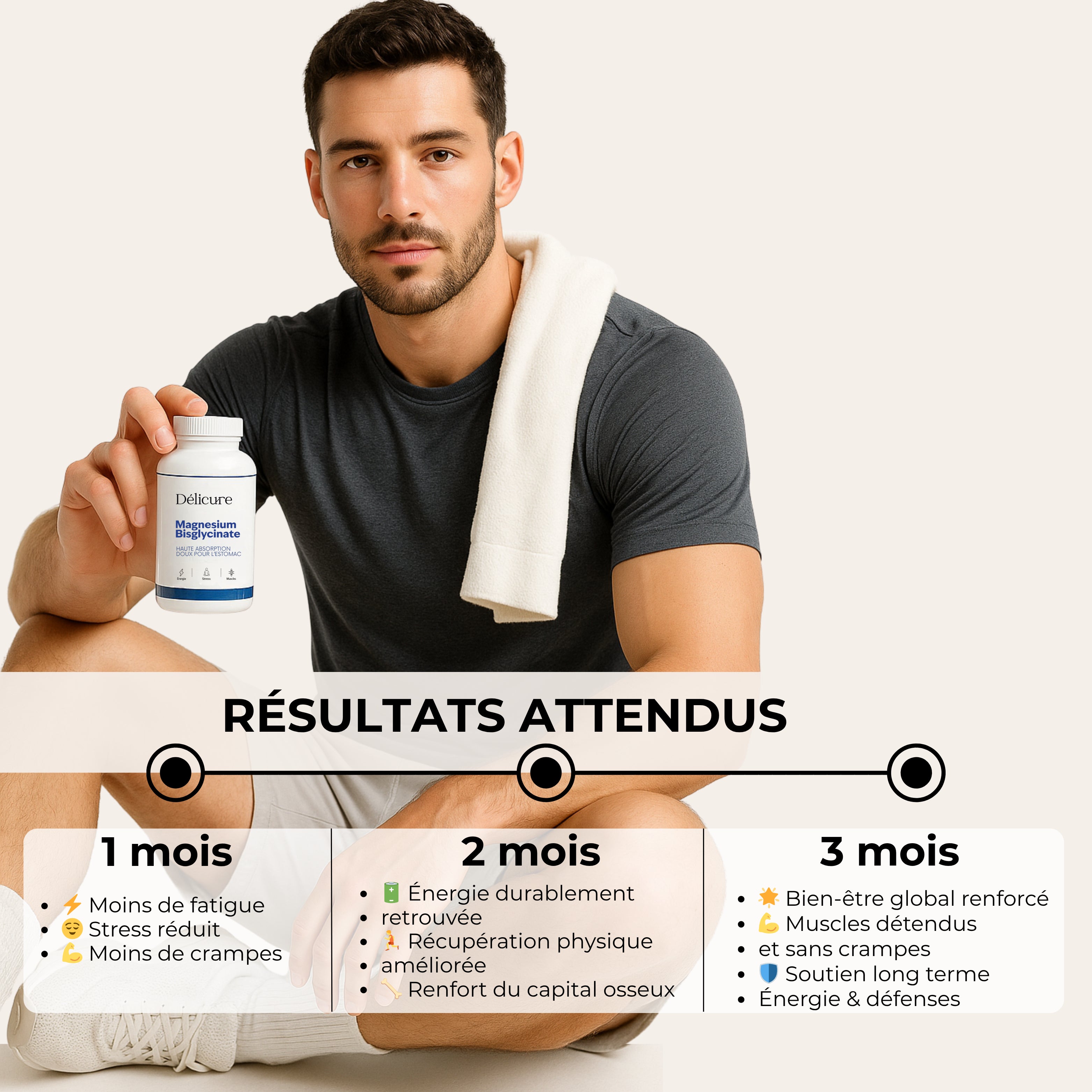 Résultats d’une cure de Magnésium Bisglycinate Délicure : moins de fatigue et de stress dès 1 mois, récupération physique et énergie durable en 2 mois, bien-être global renforcé et soutien des muscles après 3 mois.