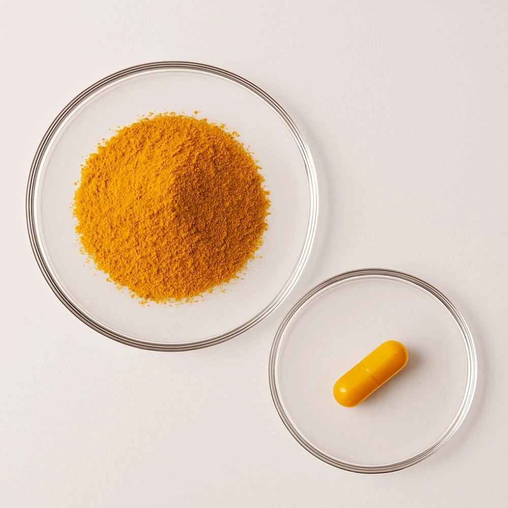Vue rapprochée d’une coupelle de poudre de curcuma et d’une gélule de Curcuma BCM-95, soulignant la richesse en curcuminoïdes et les propriétés antioxydantes.