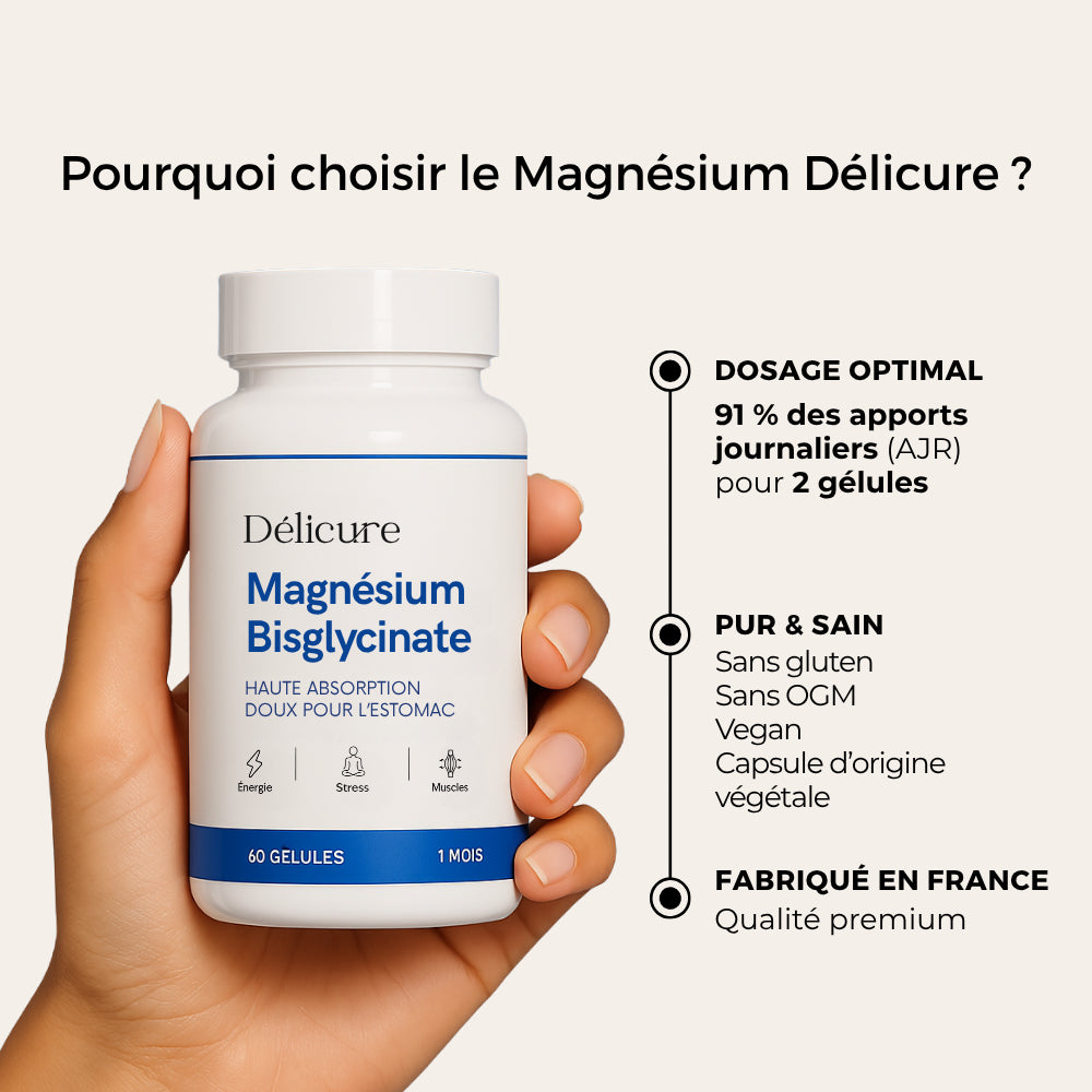 Magnésium Bisglycinate Délicure – dosage optimal couvrant 91 % des apports journaliers, formule vegan, sans gluten, sans OGM, fabriquée en France.