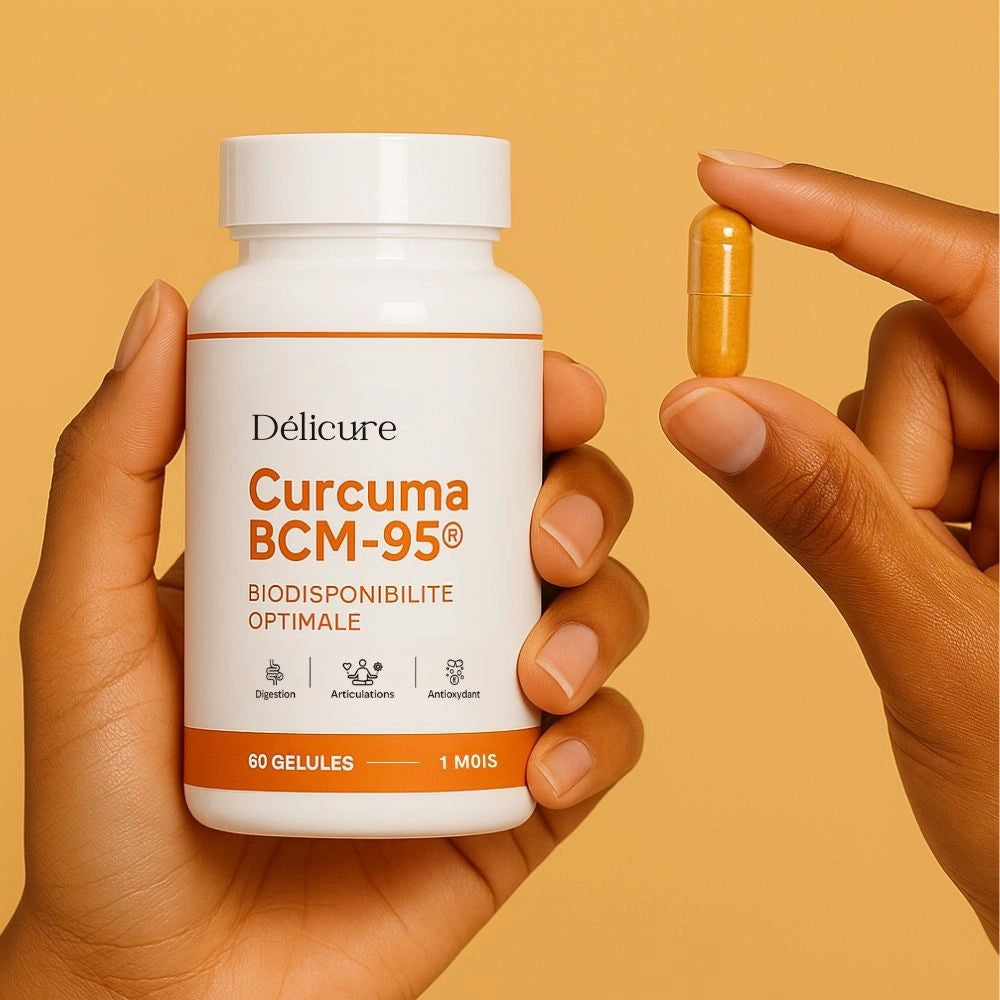 Flacon de Curcuma BCM-95 Délicure tenu en main, avec une autre main montrant la couleur orange de la gélule, recommandée pour le soutien des articulations et la protection cellulaire.
