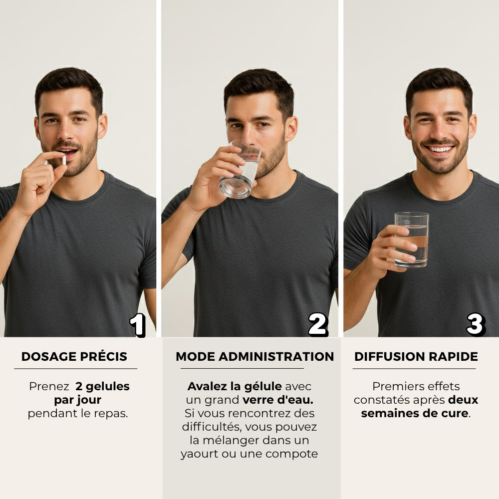 Comment prendre le Magnésium Bisglycinate Délicure : 2 gélules par jour pendant le repas, à avaler avec un grand verre d’eau, premiers effets visibles dès 2 semaines.