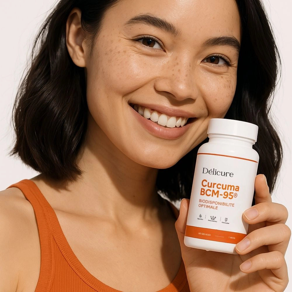 Jeune femme souriante portant un débardeur orange, présentant le flacon de Curcuma BCM-95 Délicure, gélules idéales pour favoriser la flexibilité articulaire et la vitalité.